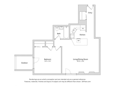 Floor plan for 1 bed, 1 bath, 492 sqft